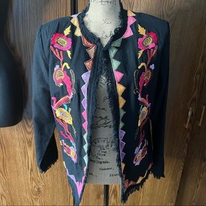 Indigo Moon Retro Embroidered Flower Open Front Blazer size M